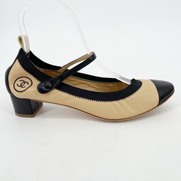 Chanel Retro y2k Beige & Black CC Cap Toe Leather Mary Jane Strap Heels EU 38.5 - Picture 3 of 12